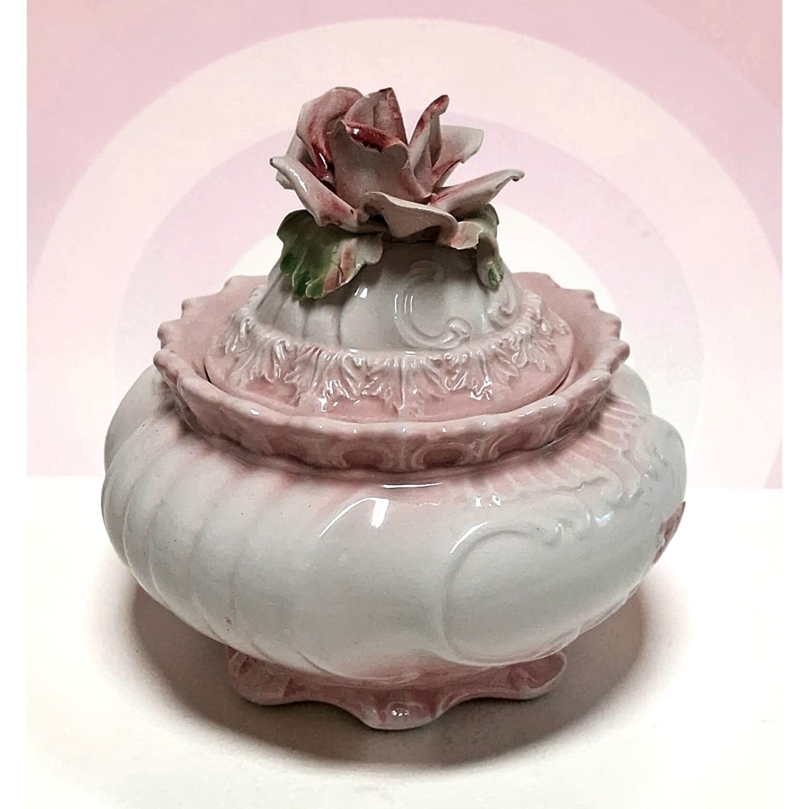 Vintage Capodimonte Italian Porcelain Covered Candy Dish Pink Rose Trinkrt Box