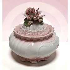 Vintage Capodimonte Italian Porcelain Covered Candy Dish Pink Rose Trinkrt Box picture