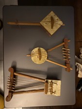 Vintage Lot of 3 Miniature African Folk String Instruments Lyre Banjo Box Harp picture