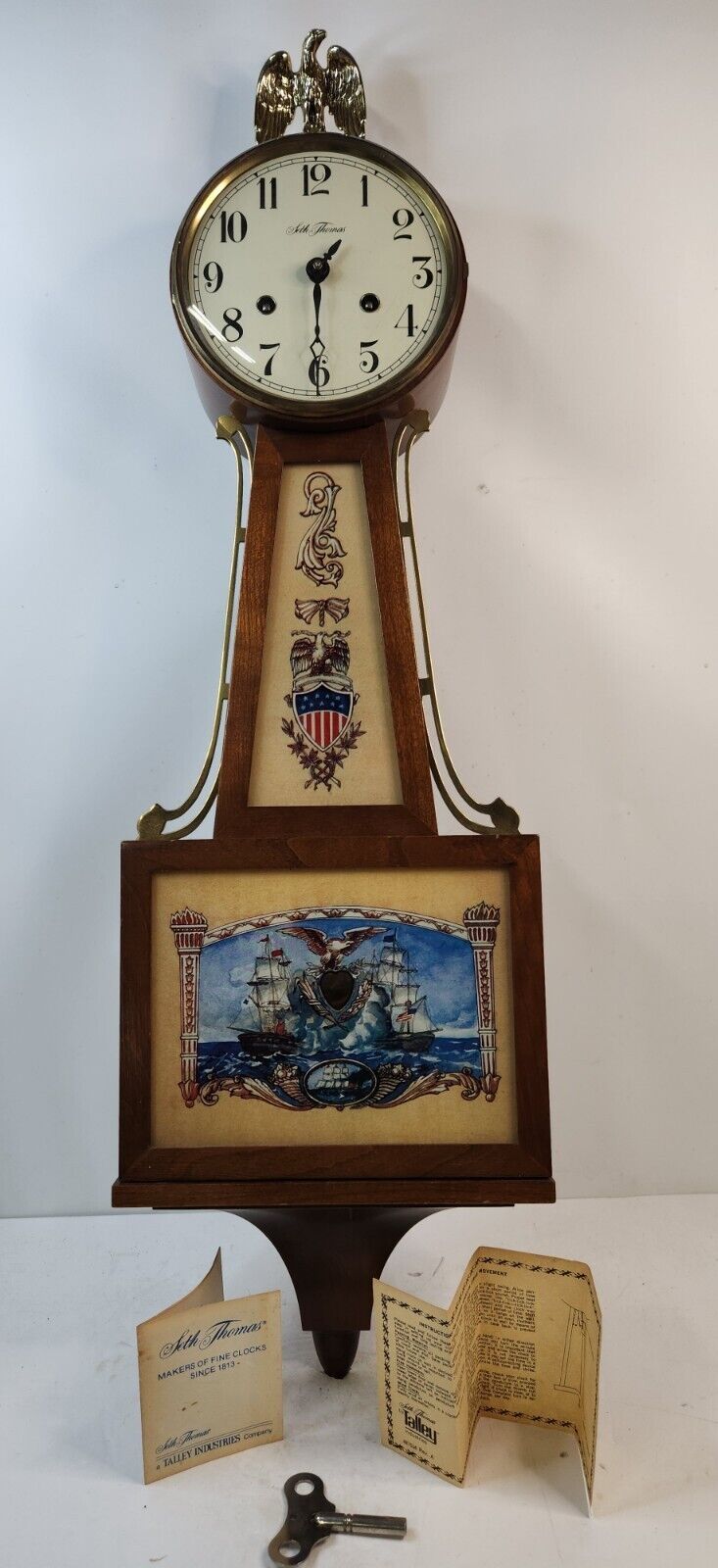 VTG Seth Thomas Mechanical Banjo Clock Fighting Sailing Ships Eagle Read