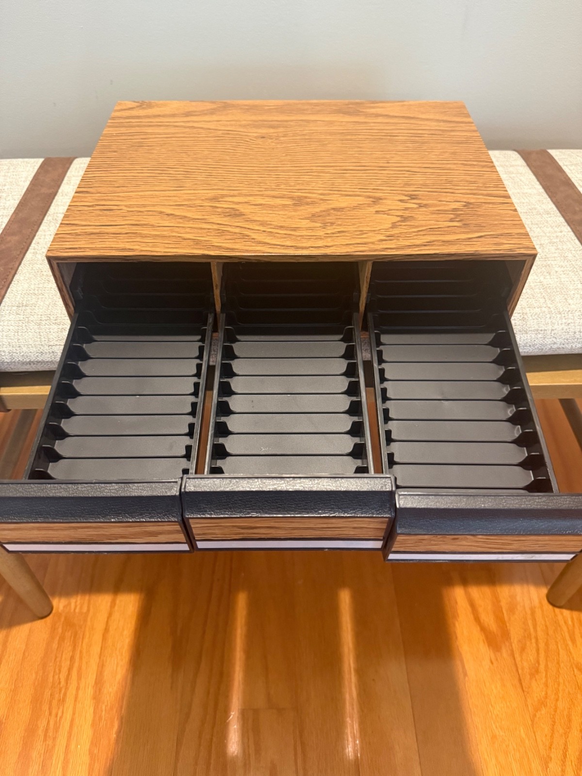 Vintage 3 Drawer Cassette Tape Storage Cabinet Faux Wood Holder Box Holds 42