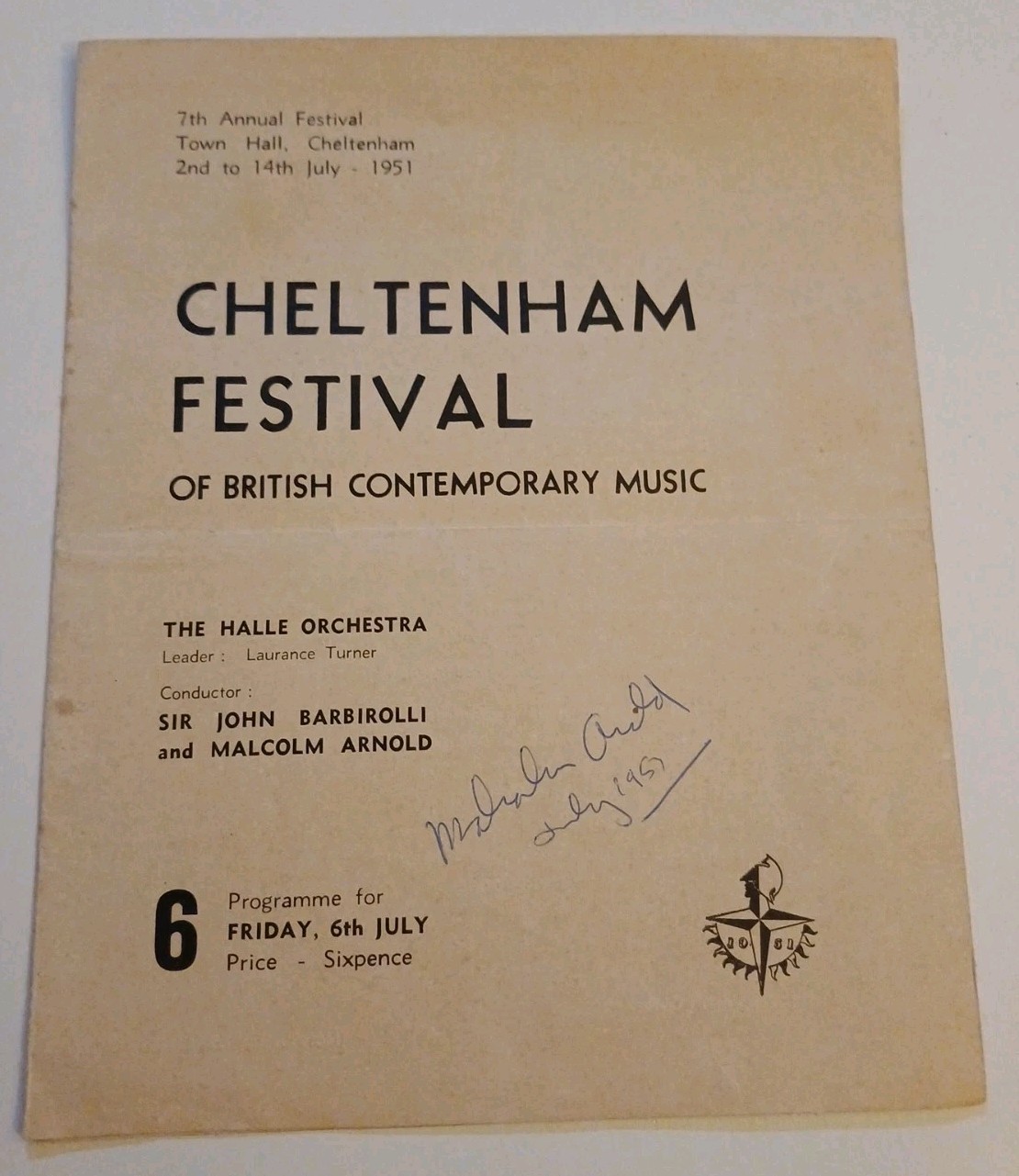 1951 Cheltenham Festival Of British Music Programme Malcolm Arnold Signed