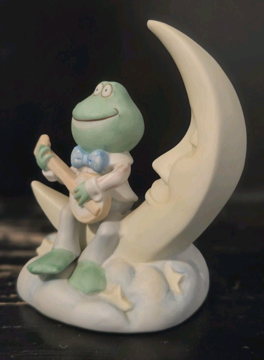 Vintage Banjo Frog and Crescent Moon Fabrizio Ceramic Figurine 1986