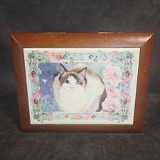 Vintage Cat Music Box Jewelry Box Wood Floral Lid Working 5.5” Trinket picture