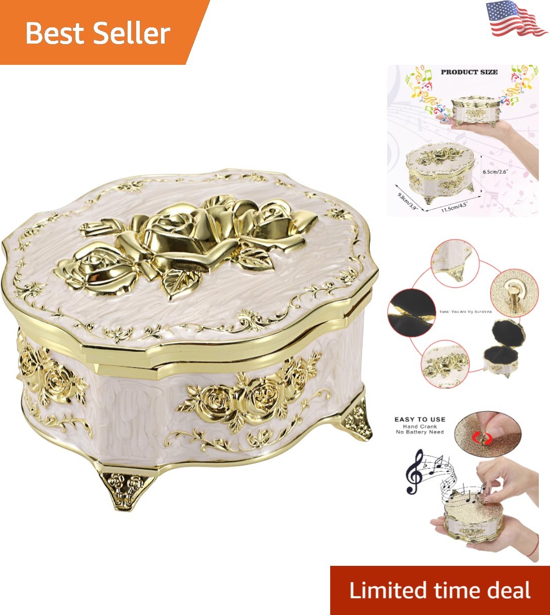 Vintage Music Box, Beige Metal Musical Jewelry Box Keepsake Box, Small Trinke...