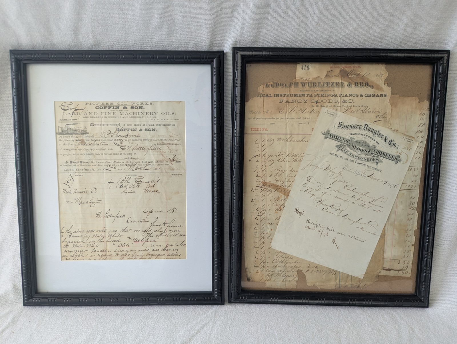 1876-1881 Ohio Merchant Archive Wurlitzer Violin Bow Harmonica Pioneer Oil Paper