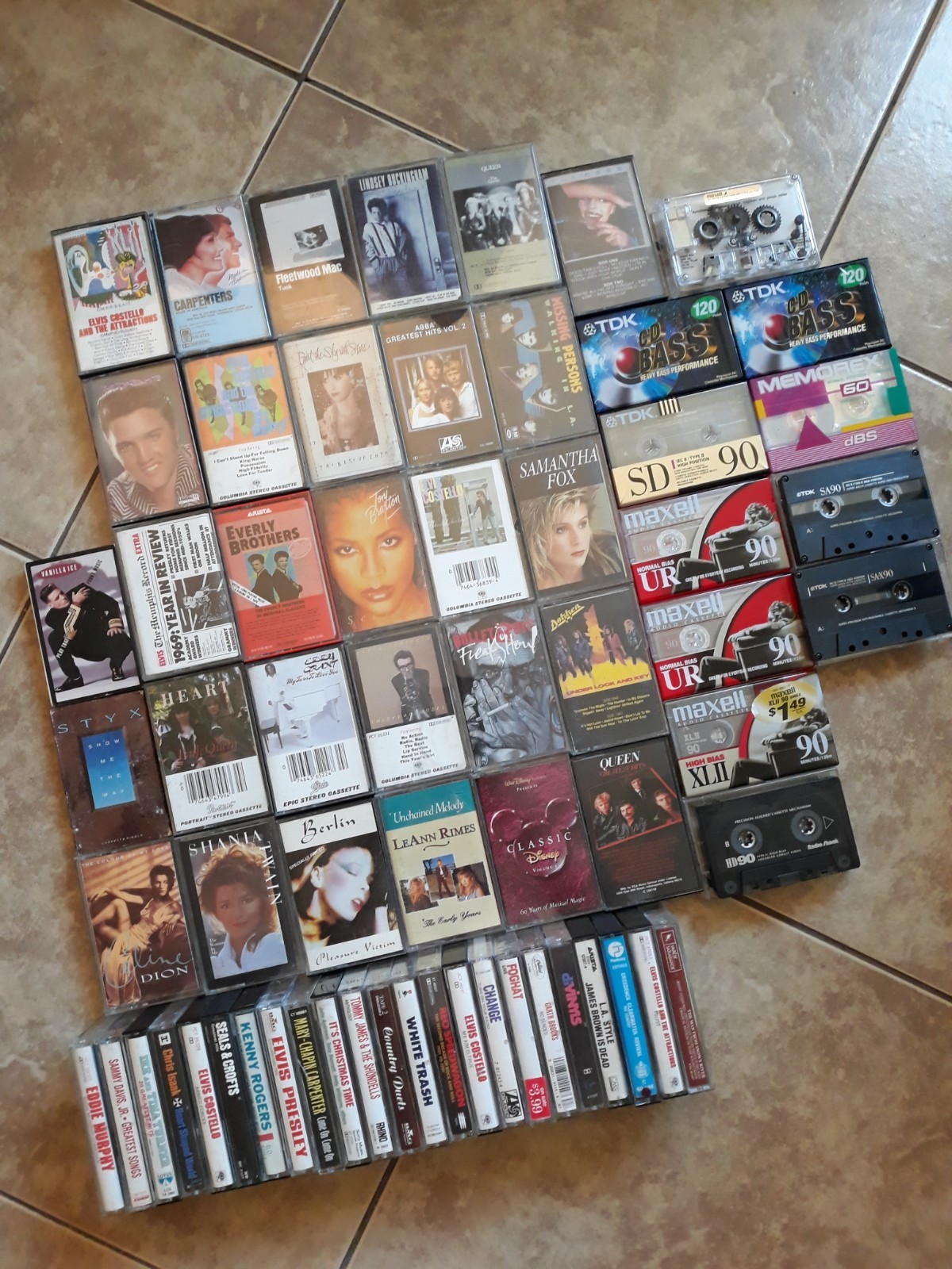 HUGE LOT OF VINTAGE MUSIC CASSETTE TAPES AND BLANK CASSETTE TAPES--64 TOTAL 