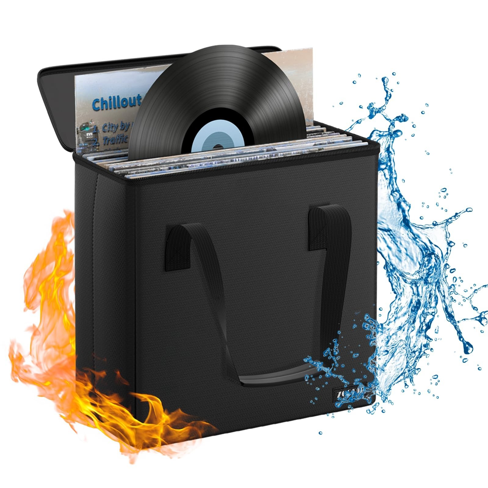 Fireproof Vinyl Record Storage Box for 30 Albums, Durable Black Organizer