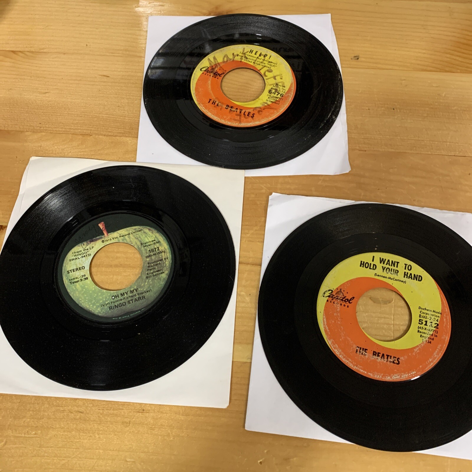 3 Vintage 45 LPs Beatles Records Help I wanna Hold Your Hand Ringo Starr Oh mymy