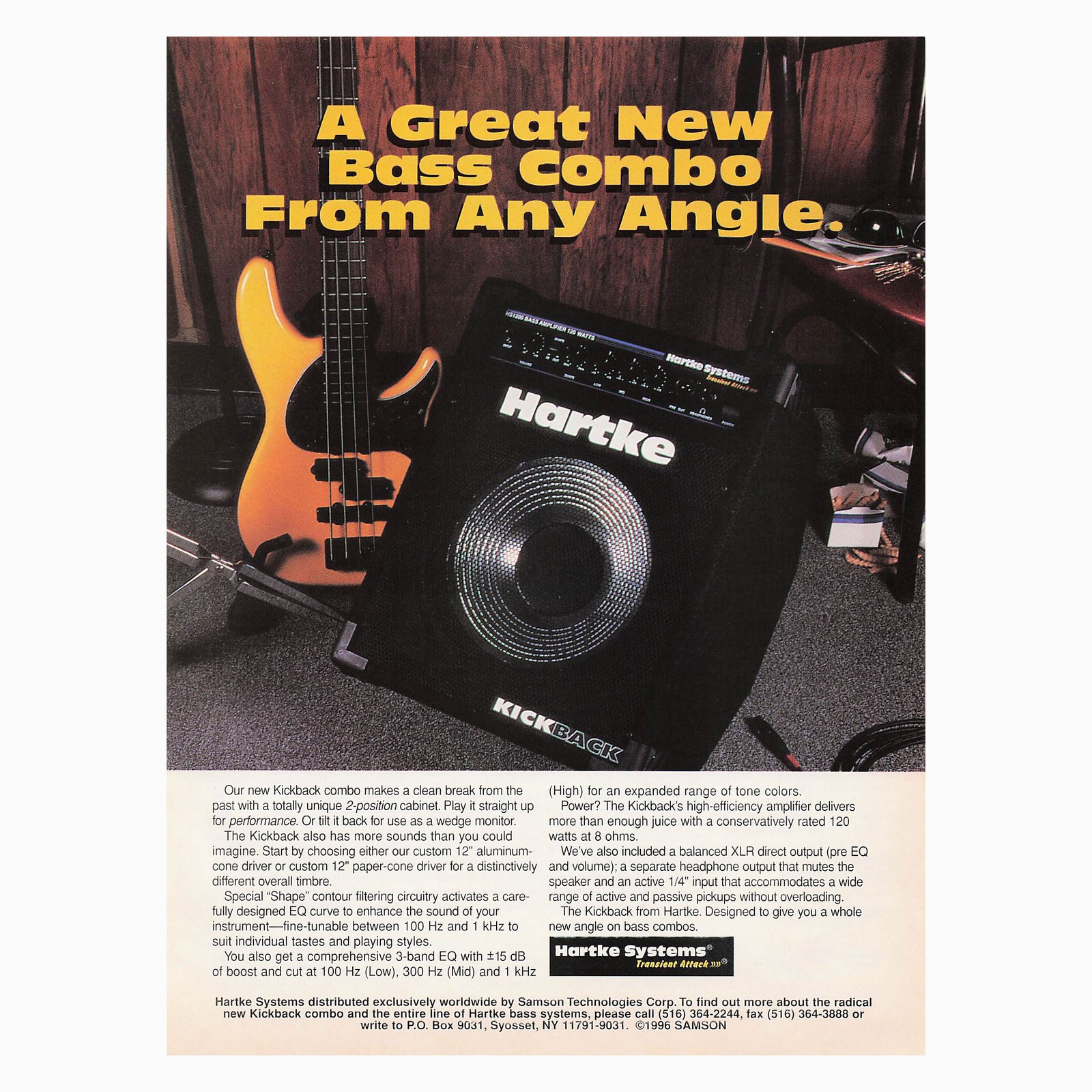Hartke Kickback Bass Guitar Combo Amplifier Vintage Magazine Print Ad 1996