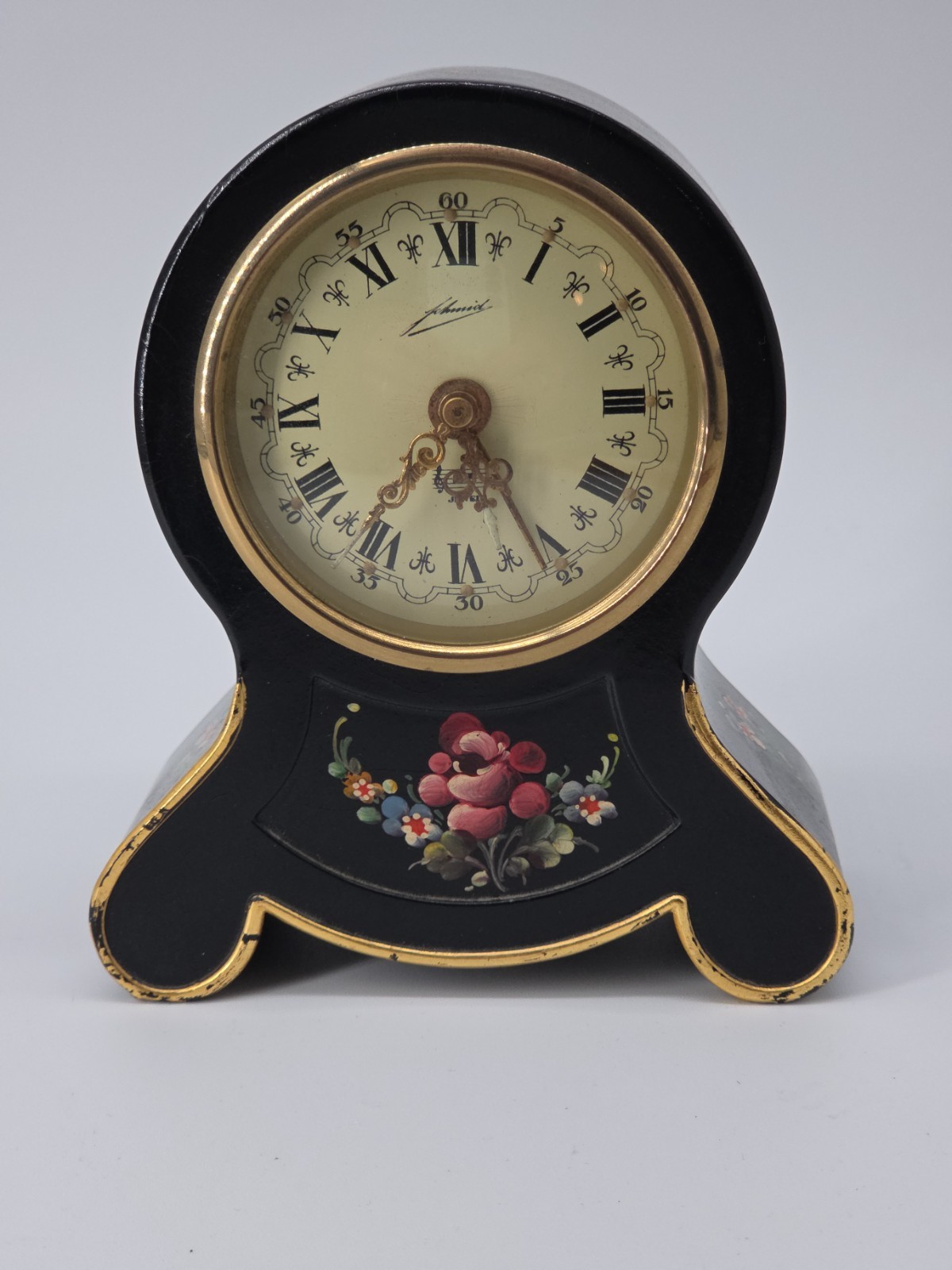 ​Vintage Schmid Musical Mantel Clock Roses of the South Hand Painted Black Gold