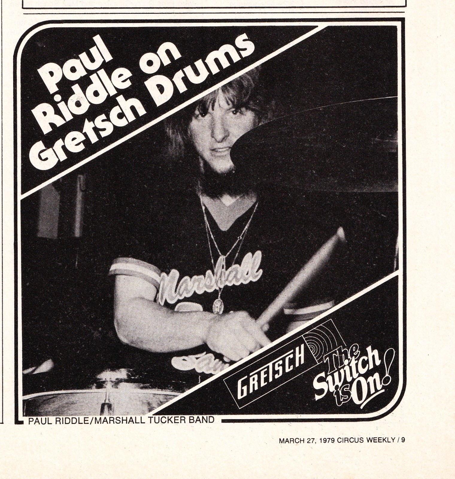 GRETSCH DRUMS~PAUL RIDDLE MARSHALL TUCKER BAND~ORIG 1979 PROMO PRINT MAGAZINE AD