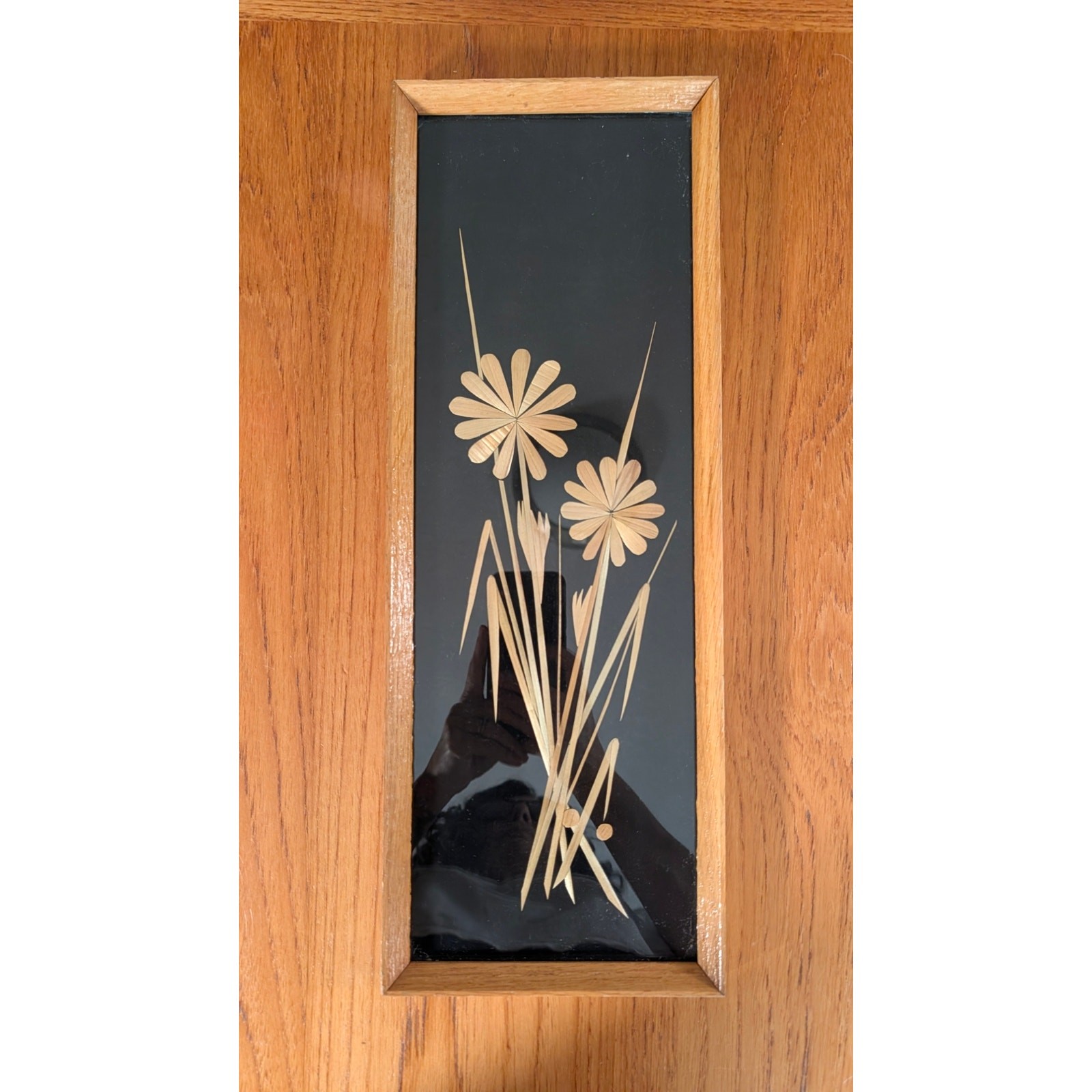Vintage 1970s Framed Floral Straw Art Wood Frame 18 in x 6.5 in Daisy Black