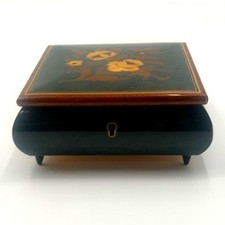 Vintage Italian Floral Marquetry Wood Music Box Romeo and Juliet Green Lacquer picture