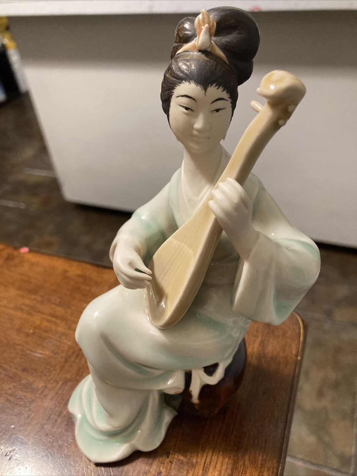 Geisha Porcelain Asian Sculpture Figurine Japan Female Guitar Player 6.5”Tall