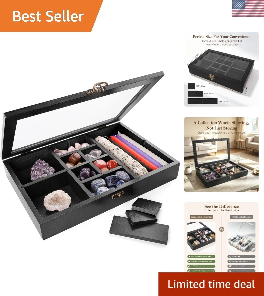 Elegant Adjustable Wood Crystal Display Box with 12 Compartments for Treasures