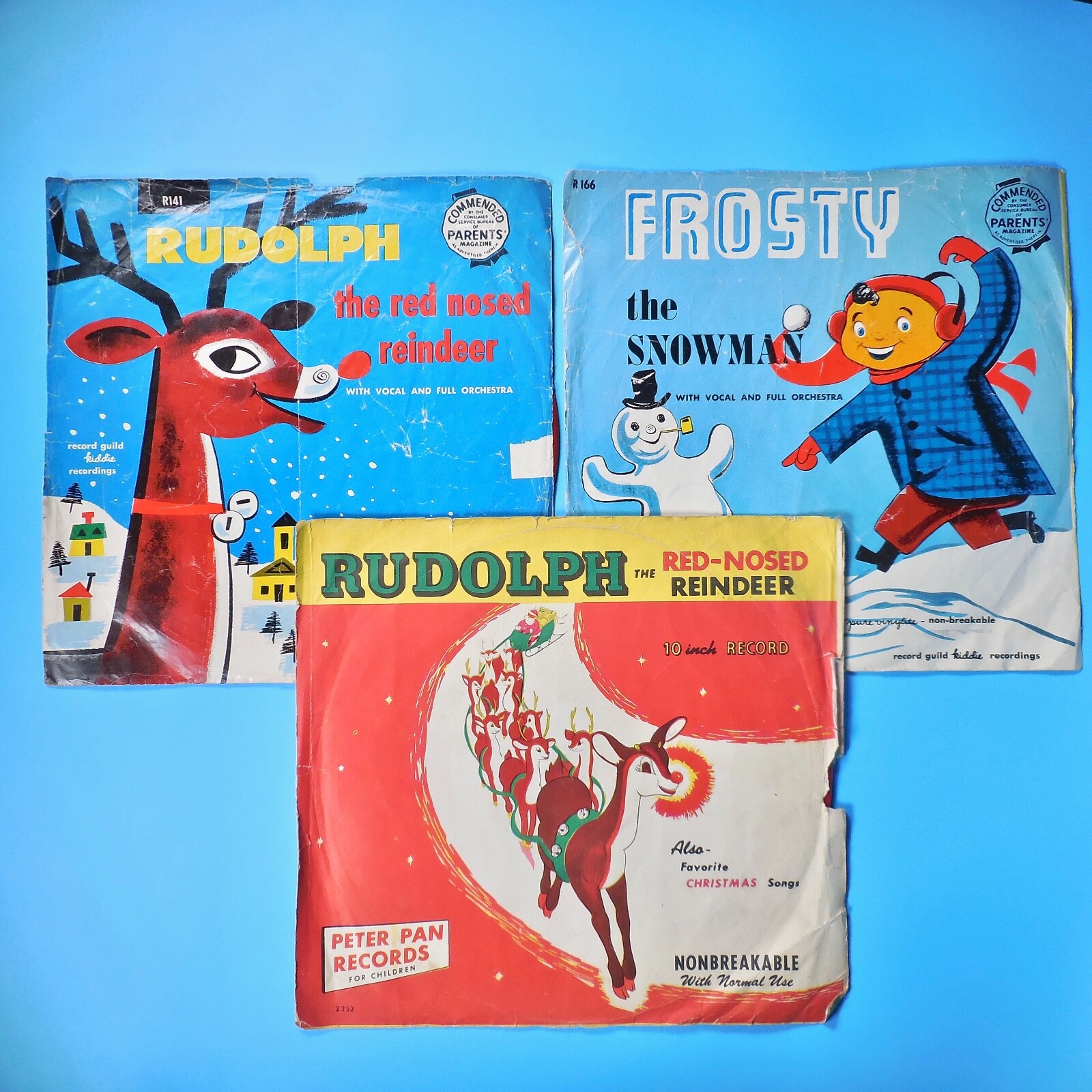 3 VTG 1950s Children Christmas Shellac 78 Red Color Record UNPLAYABLE w Sleeve