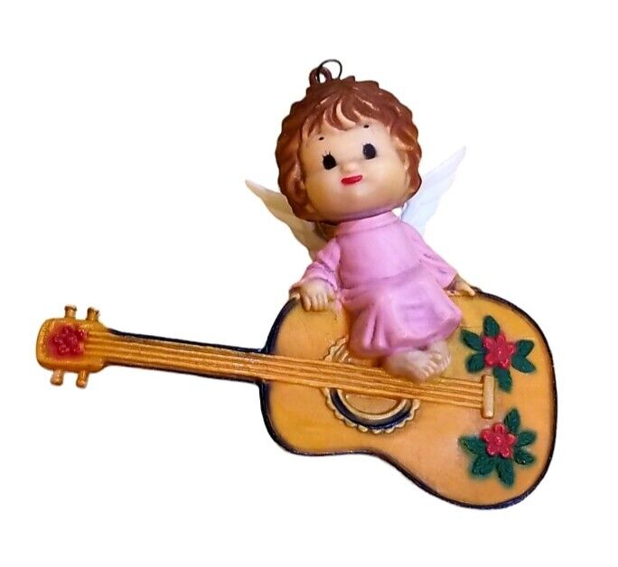 Vintage Celluloid Angel on Guitar Flowers Christmas Ornament Hong Kong Sweet 4\