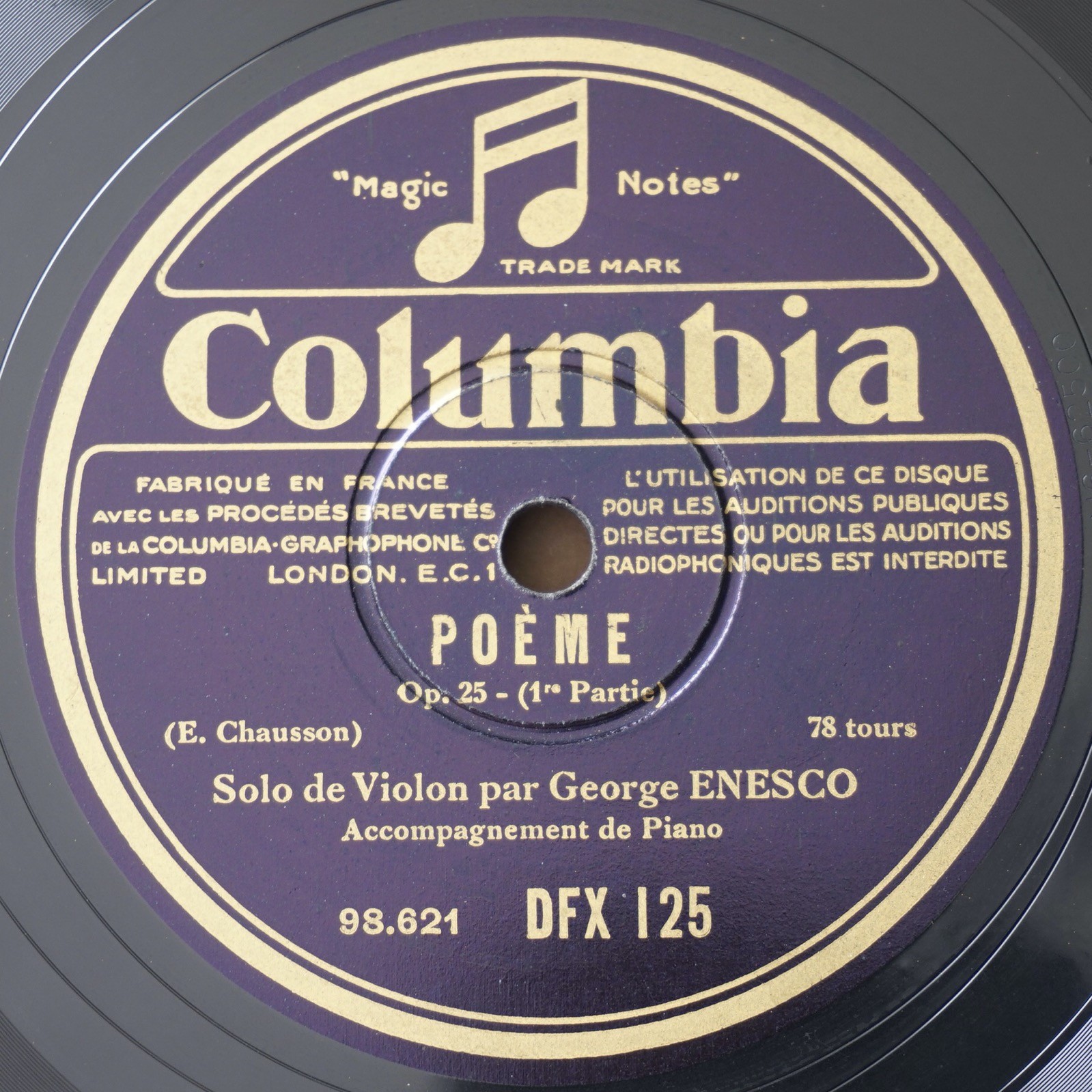 George Enesco Violin Chausson Poeme 78RPM Columbia DFX 125