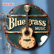 Rustic Bluegrass Guitar Round Aluminum Tin Metal Signs Home Décor 8x8  picture