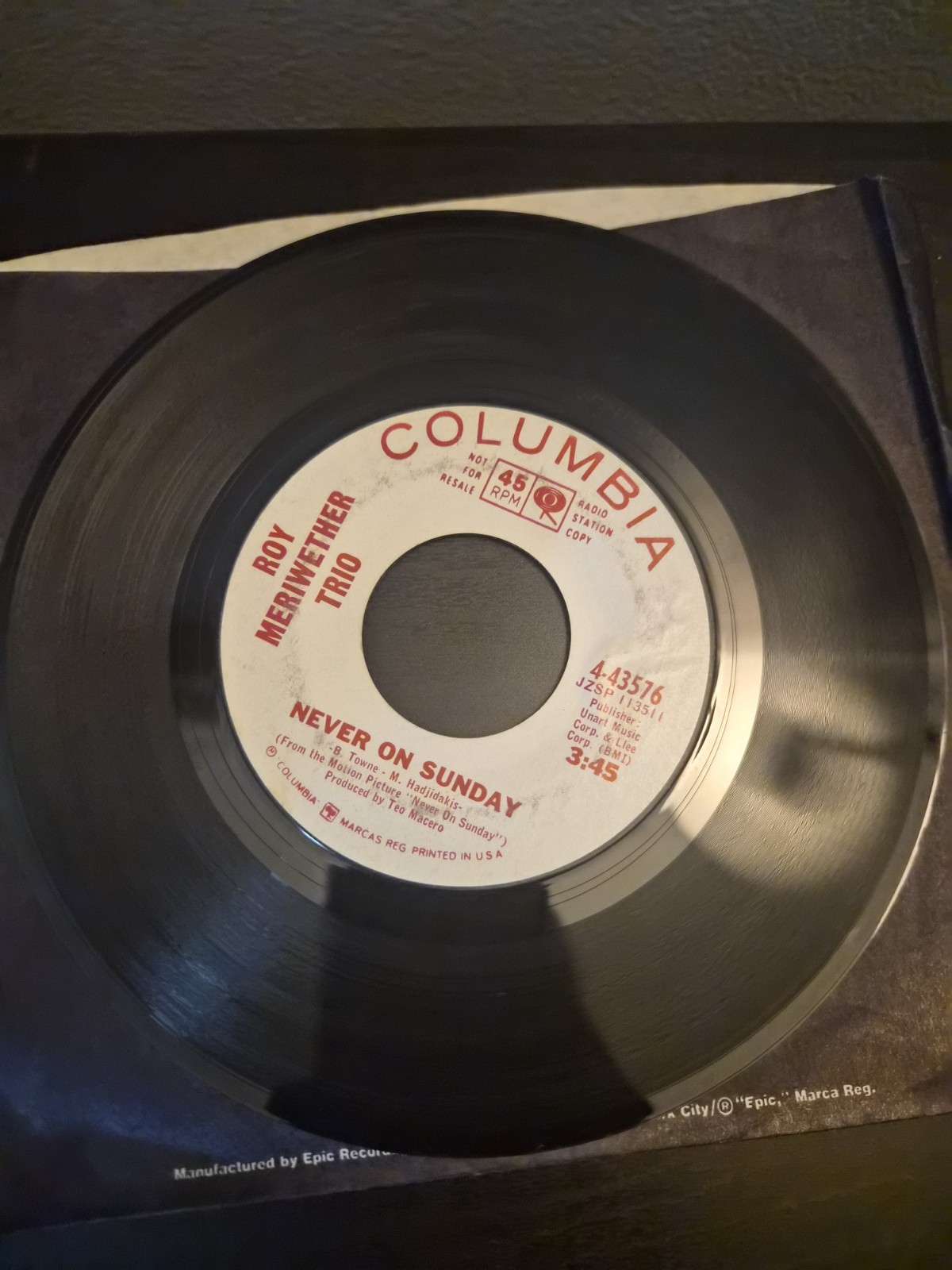 Soul Jazz 45 - Roy Meriwether Trio - Never On Sunday- VG+/ Rare Promo