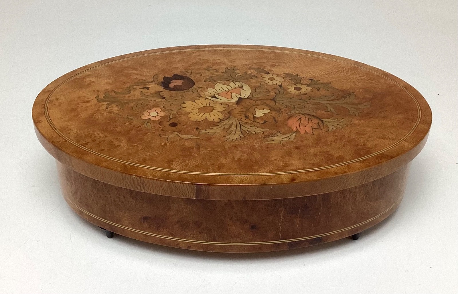 Vintage Italy Sorento Intarsio Inlaid Wood Floral Lidded Reuge Music Box Works