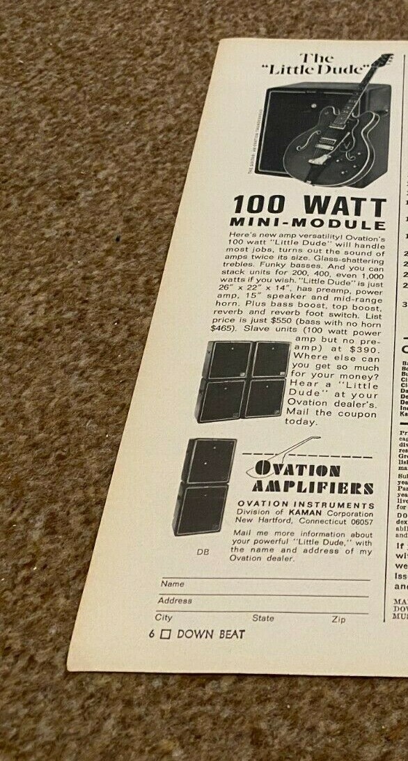 JBF4 ADVERT 11X3 OVATION AMPLIFIERS. THE LITTLE DUDE. 100 WATT MINI-MODULE