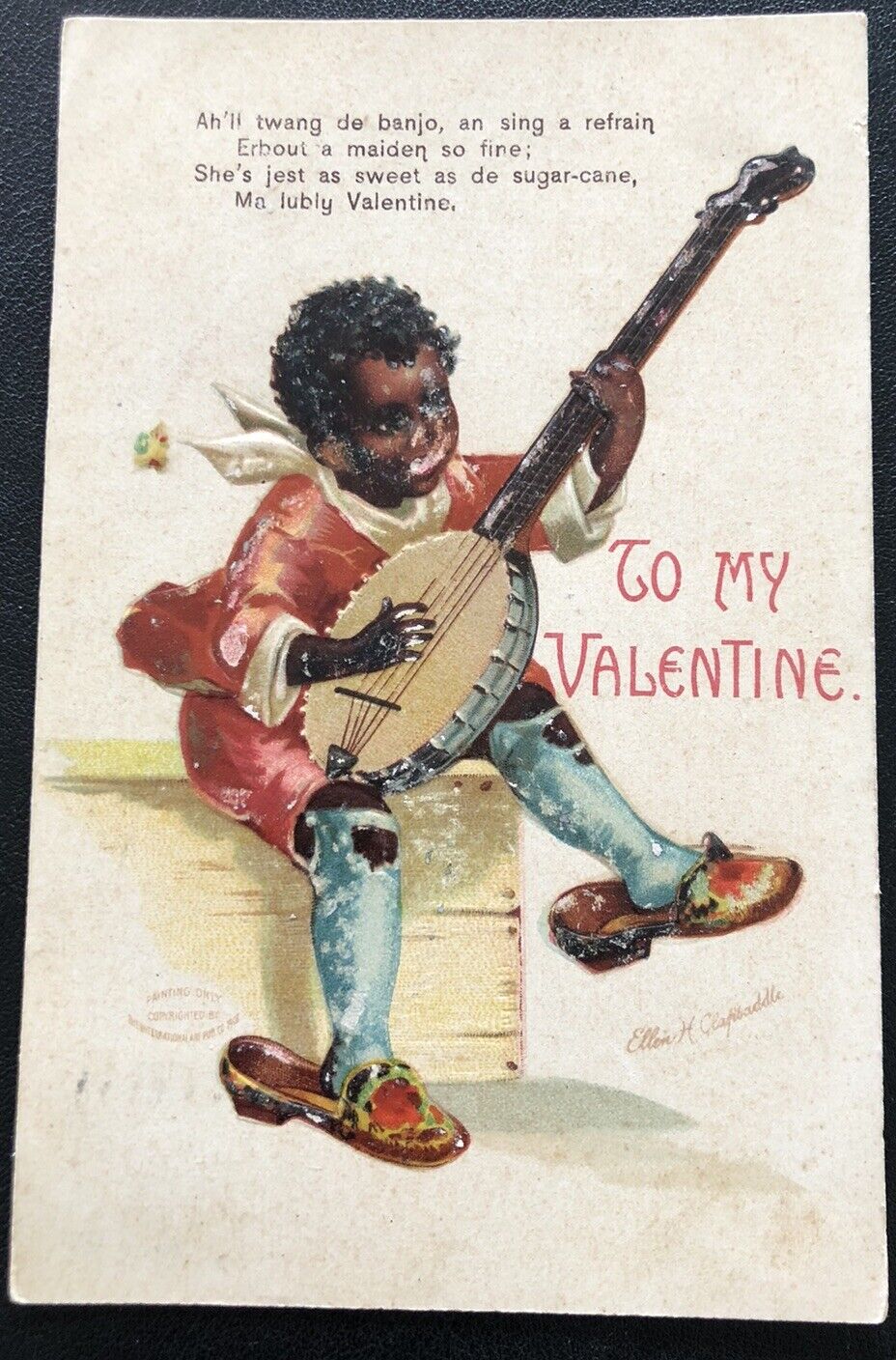 Clapsaddle Art Child With Banjo A/S Vintage Valentine Postcard BB40