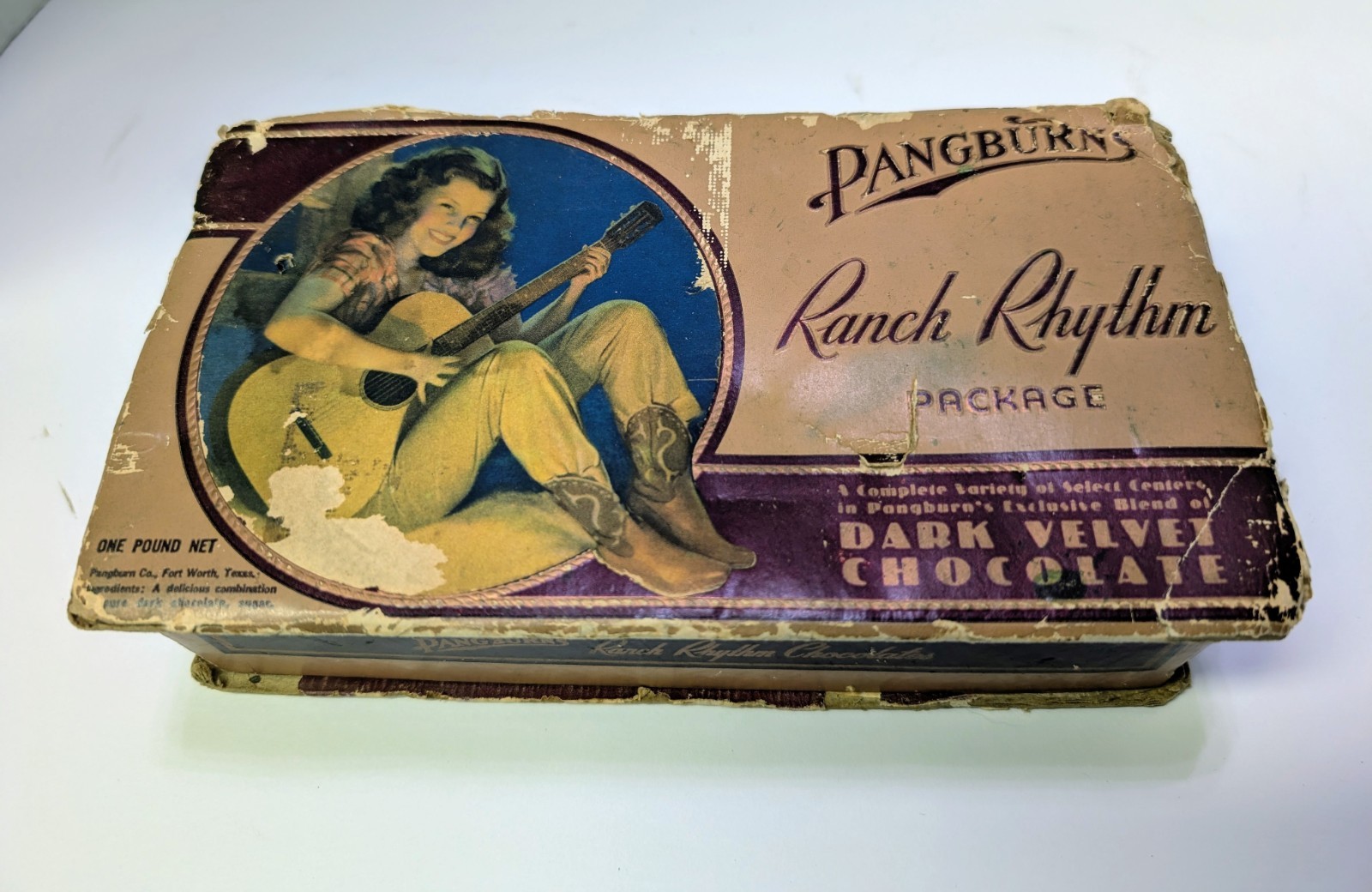Vintage Pangburn's Chocolate Candy Box Empty Ranch Rythym Western Cowgirl Guitar