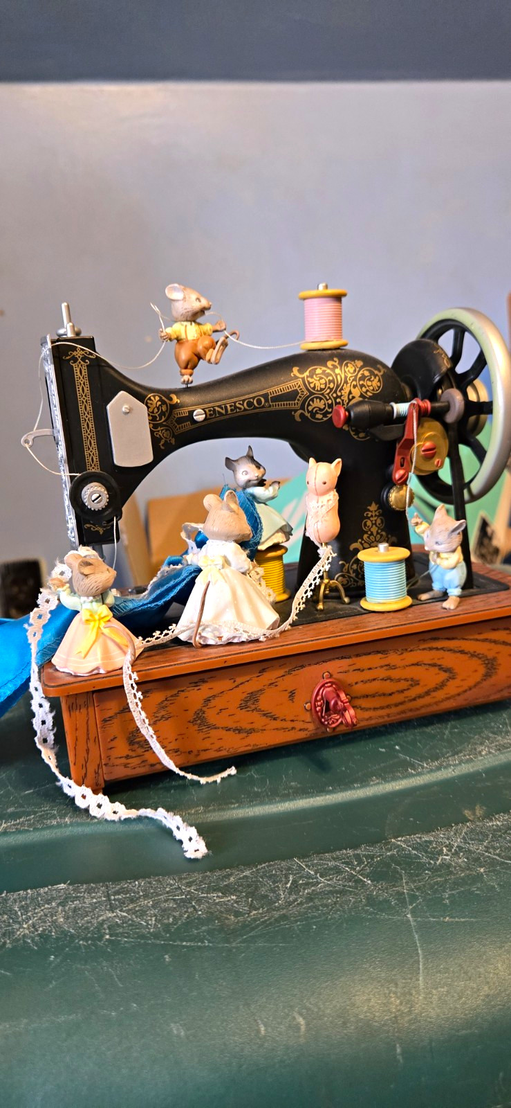 Vintage Enesco Sew Pretty Deluxe Multi-Action Musical Collectible Music Box