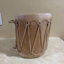 Large NATIVE AMERICAN  RAWHIDE DOUBLE SIDED LOG DRUM 10” Tall 7 1/4” Wide picture