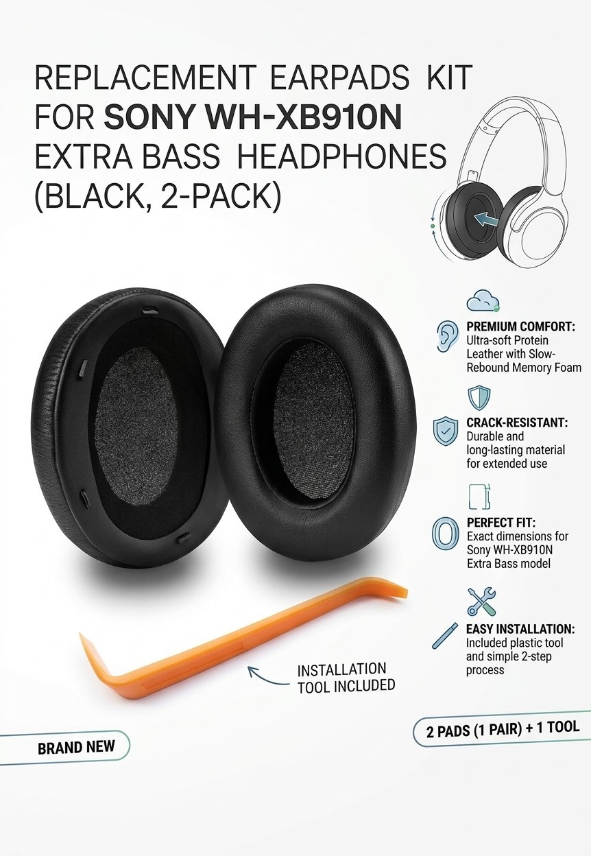 Replacement Ear Pads Cushions for Sony WH-XB910N Headphones Black Memory Foam