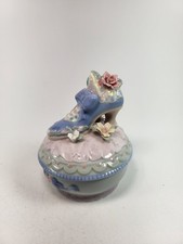 Vintage Porcelain Music Trinket / Jewlery Box w/ Victorian Shoe & Flowers, Works picture