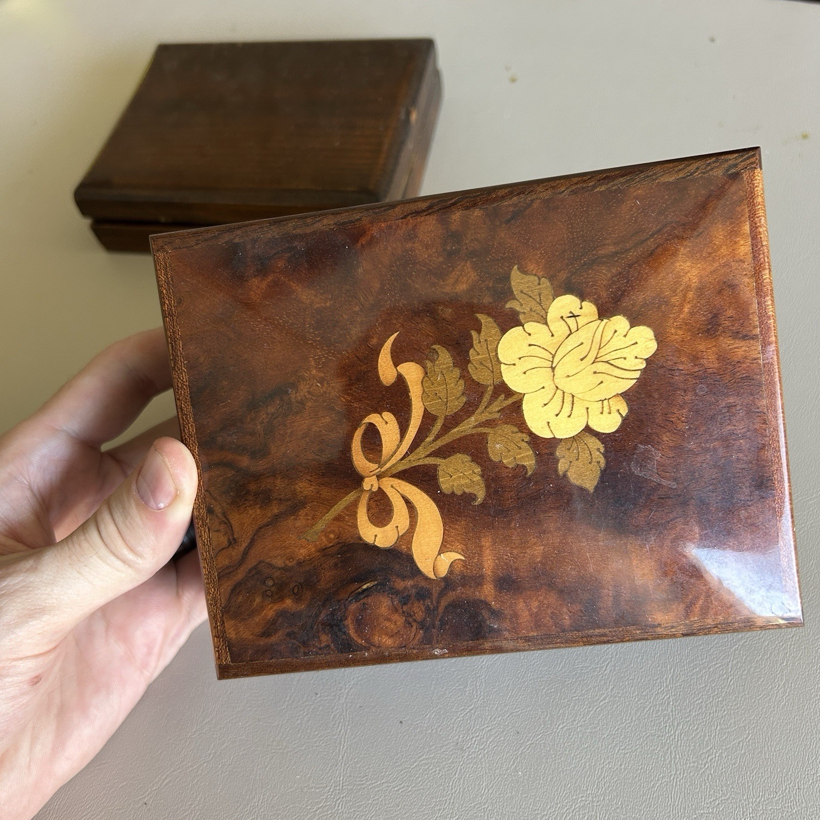 Vintage Reuge Swiss Music Box Italian Inlaid Wood Sunrise Sunset Working Jewelry