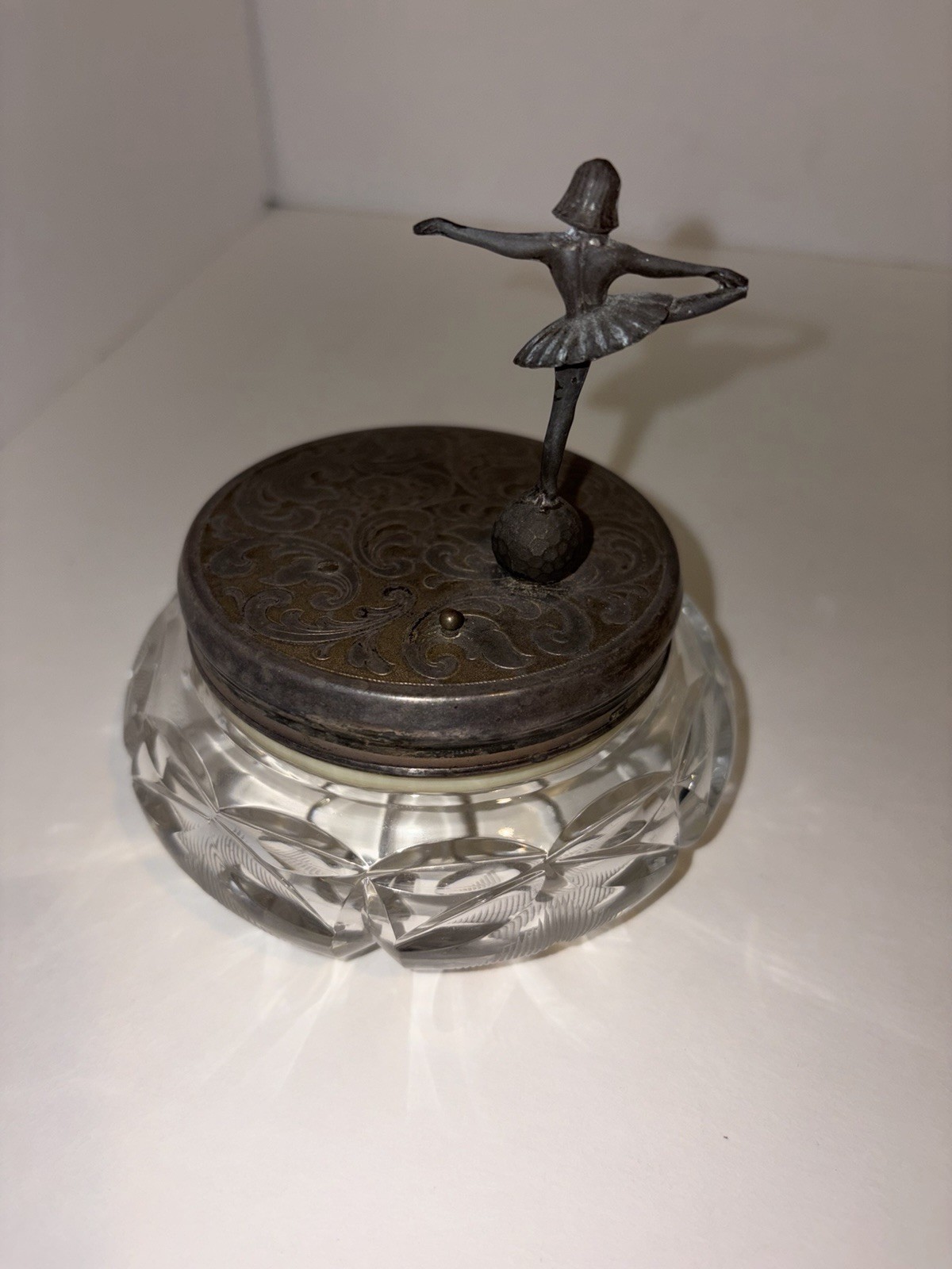 Vintage German Reuge Music Box Silver Plated Ballerina Cut Glass Dresser Jar
