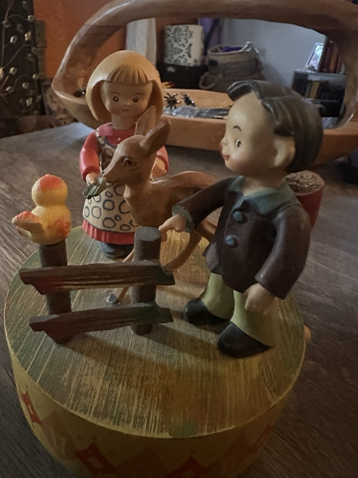 Vintage ANRI Italian Wooden Hand Carved Music Box Girl Boy With Deer Duck
