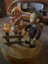 Vintage ANRI Italian Wooden Hand Carved Music Box Girl Boy With Deer Duck picture