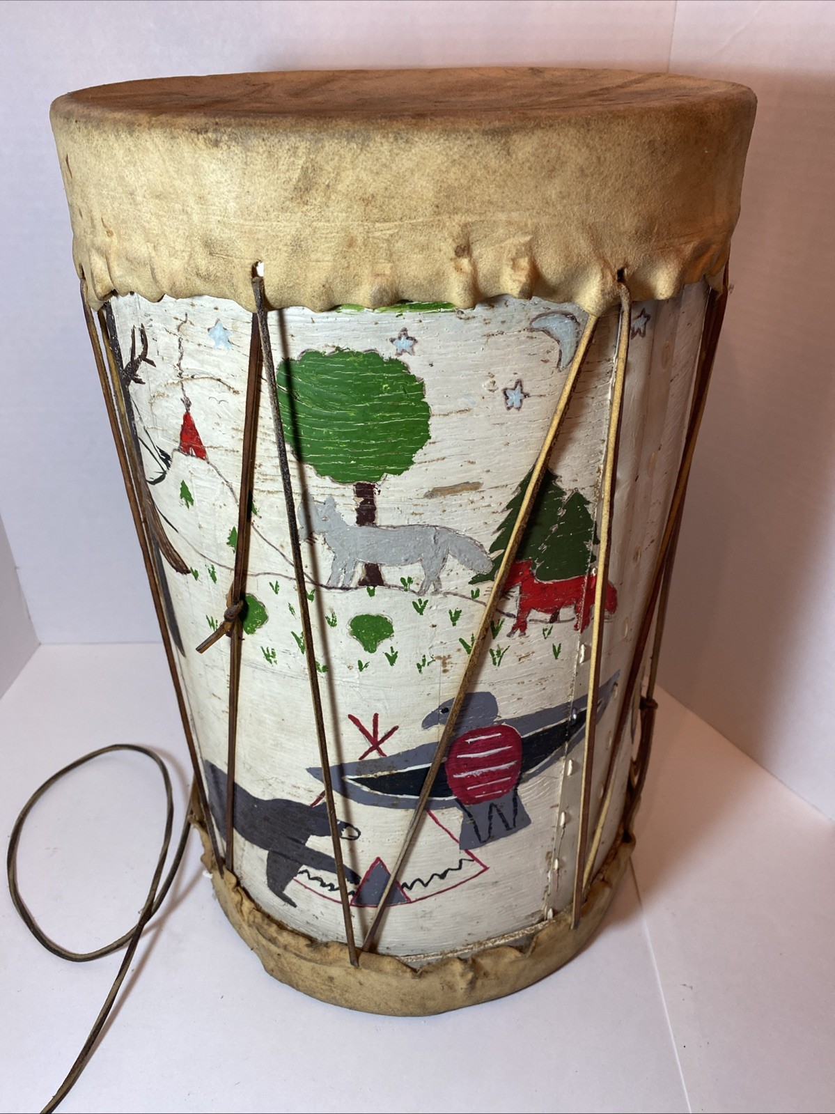 Vintage 1950’s Handcrafted 18” Native American Inspired Drum Leather/Wood