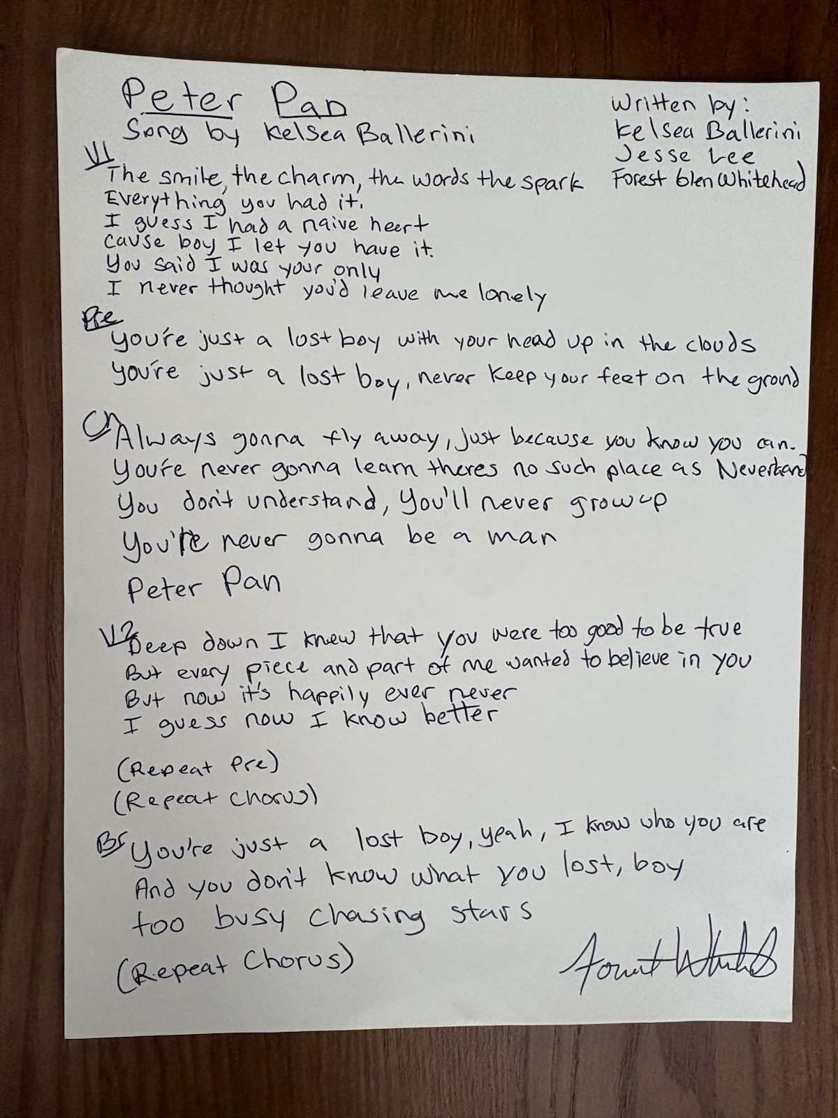Forest Glen Whitehead Signed Original Handwritten Lyrics Page 