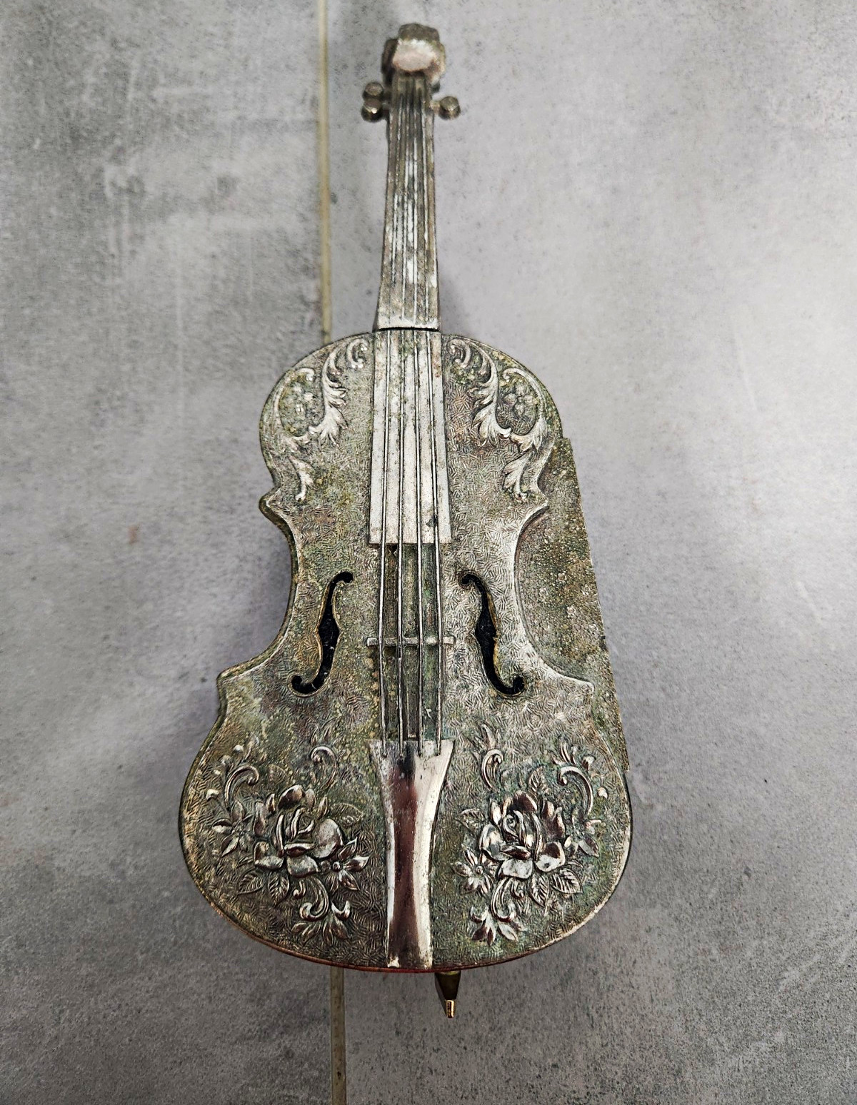 Vintage Silver Violin Shaped Metal Music Box with Floral Engraving