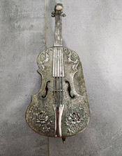 Vintage Silver Violin Shaped Metal Music Box with Floral Engraving picture