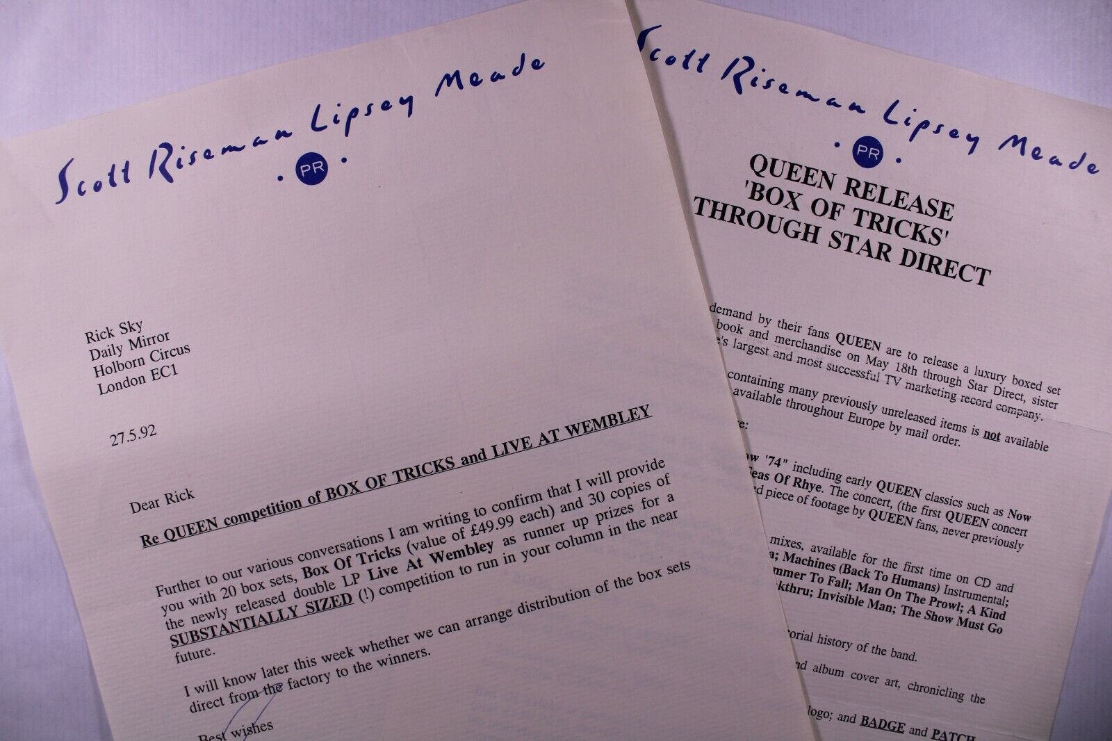 Queen Freddie Mercury Press Release + Letter  to Rick Sky Re Box Of Tricks 1992