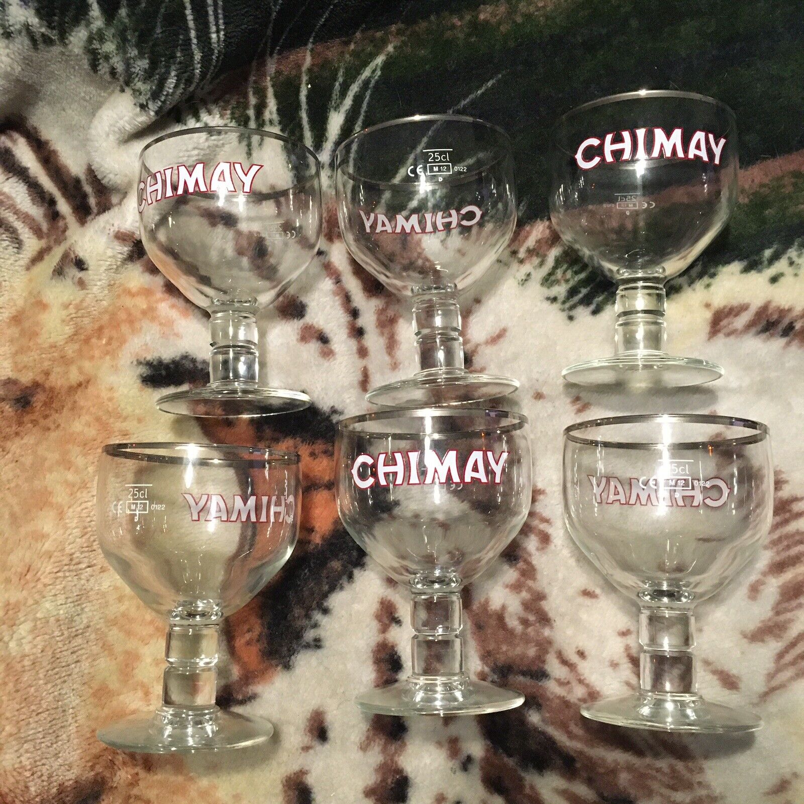 Chimay Belgian Ale Chalice Goblets Beer Glasses .25 CL Lot of 6  Silver Rimmed
