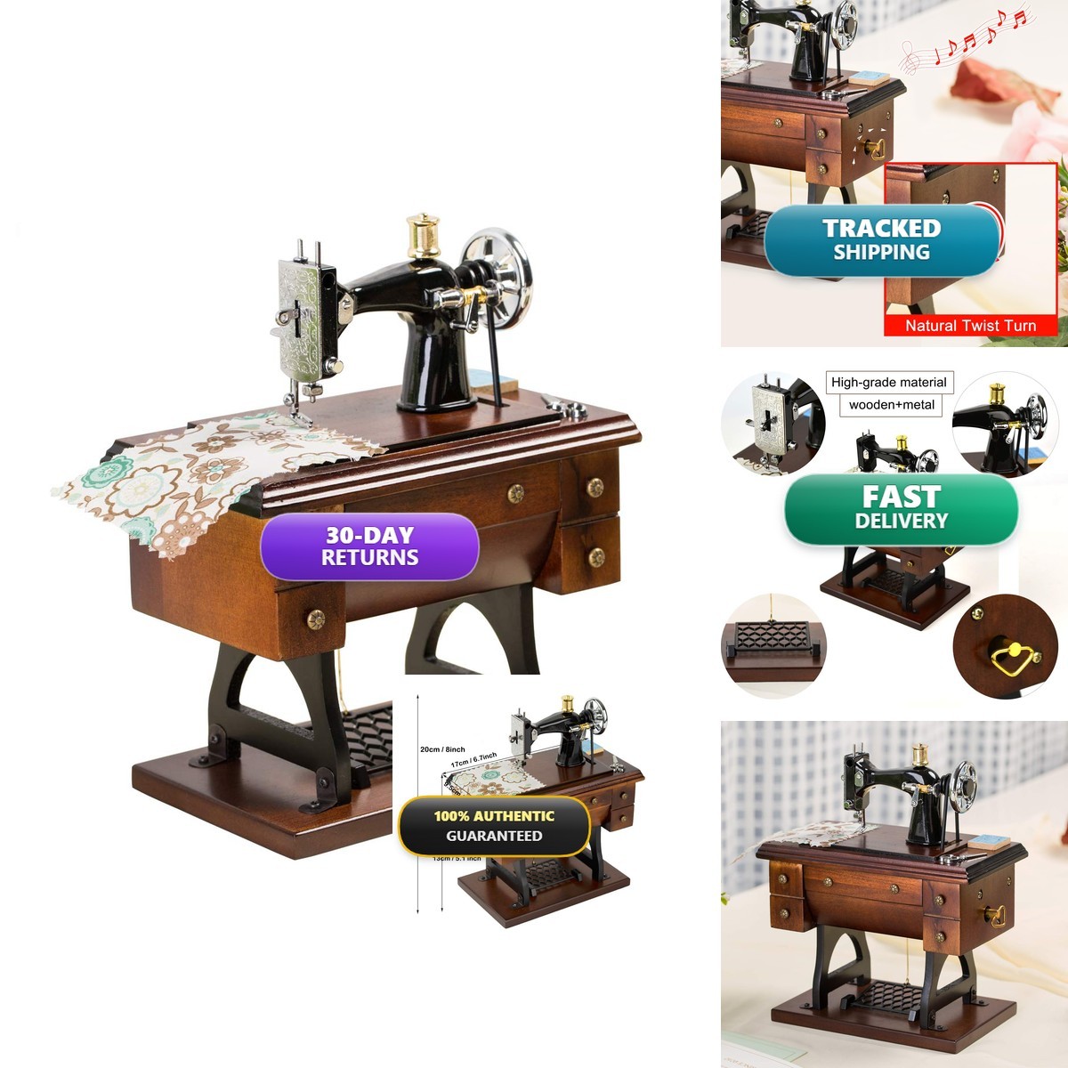 Mr.Winder CMB1 Sewing Machine Music Box Wooden Vintage Wind Up Fur Elise