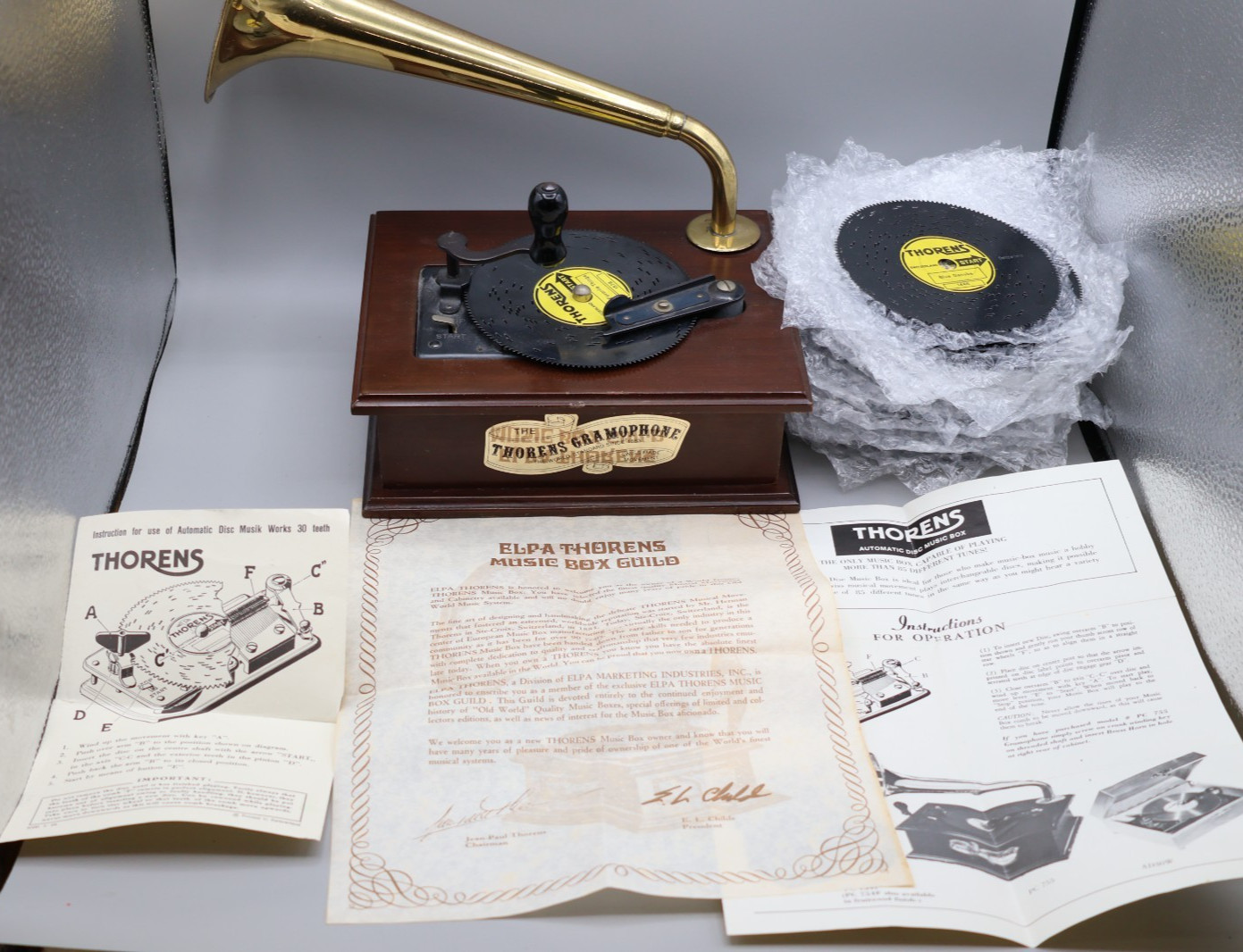 Vintage Thorens Gramophone AD-30 Music Box Set w/ 30 Discs, Manuals - WORKS GREA
