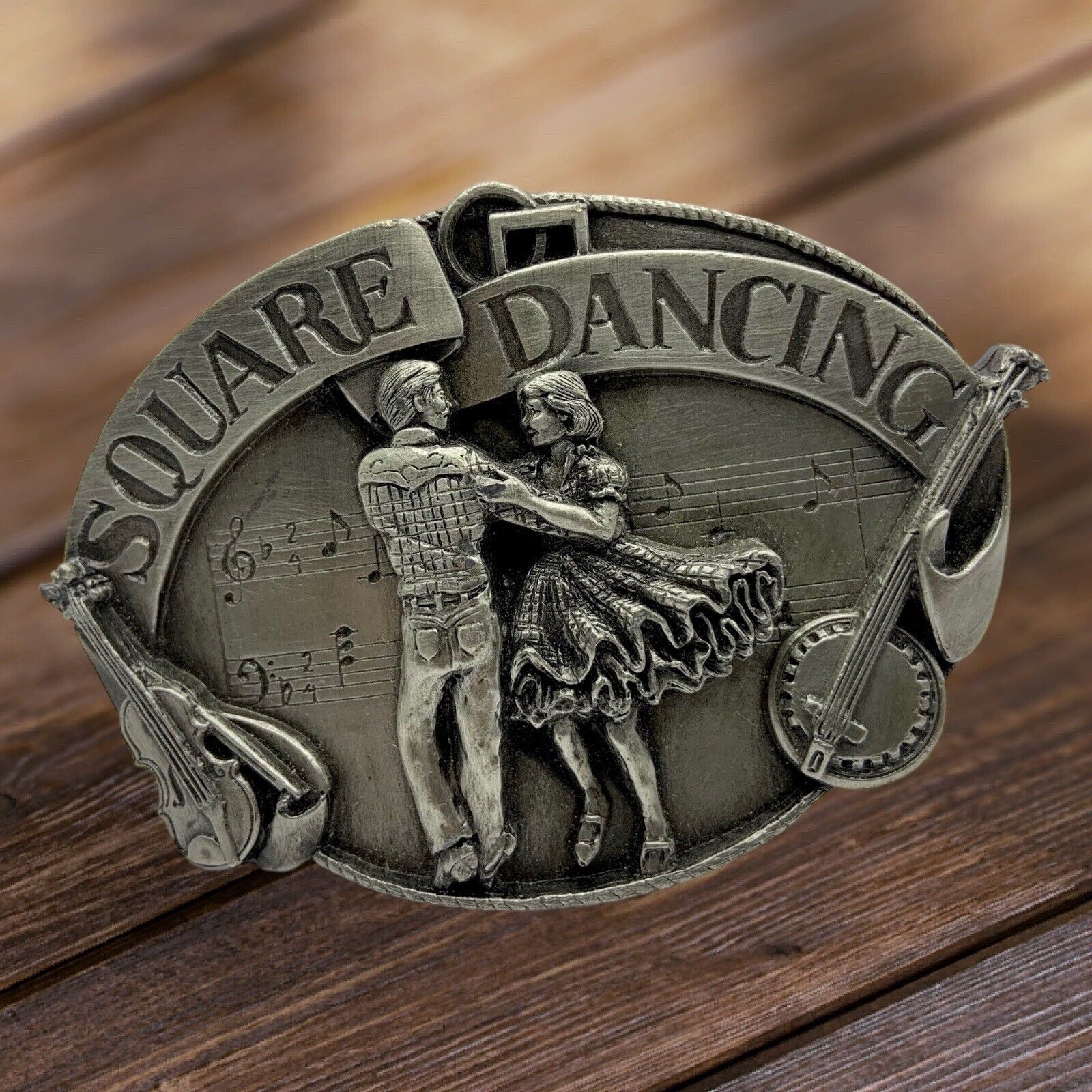 Square Dancing Pewter BELT BUCKLE Dancer Country Vintage Music Banjo Vintage ‘85
