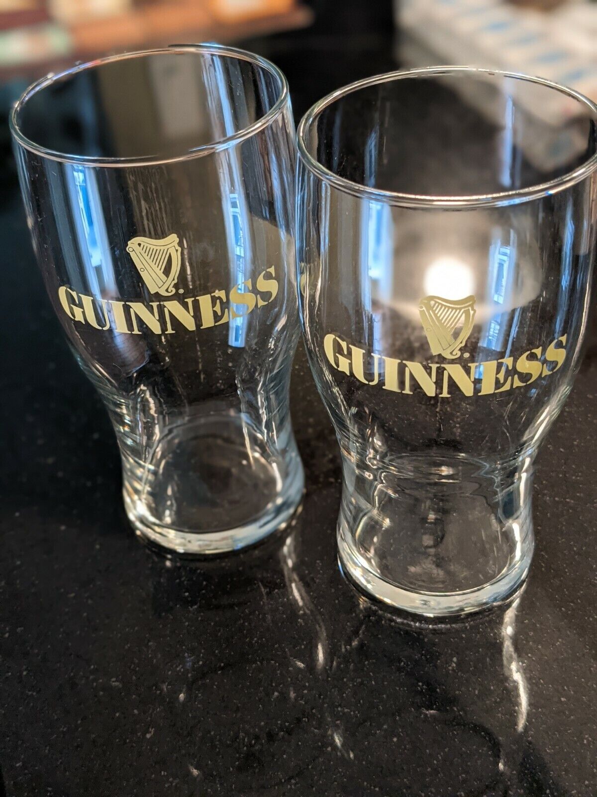 Set of 2 Guinness Gold Lettering Harp Logo Tulip Pint Beer Glass