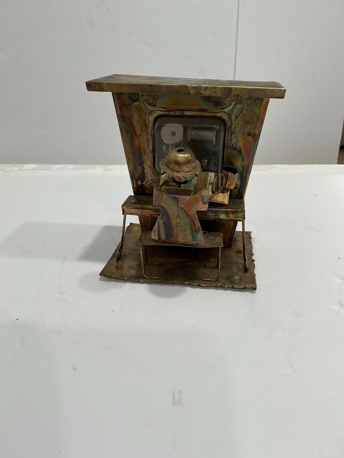 Vintage Copper Tin Piano Man Music Box 1970s Steampunk Art Figure 6.5\