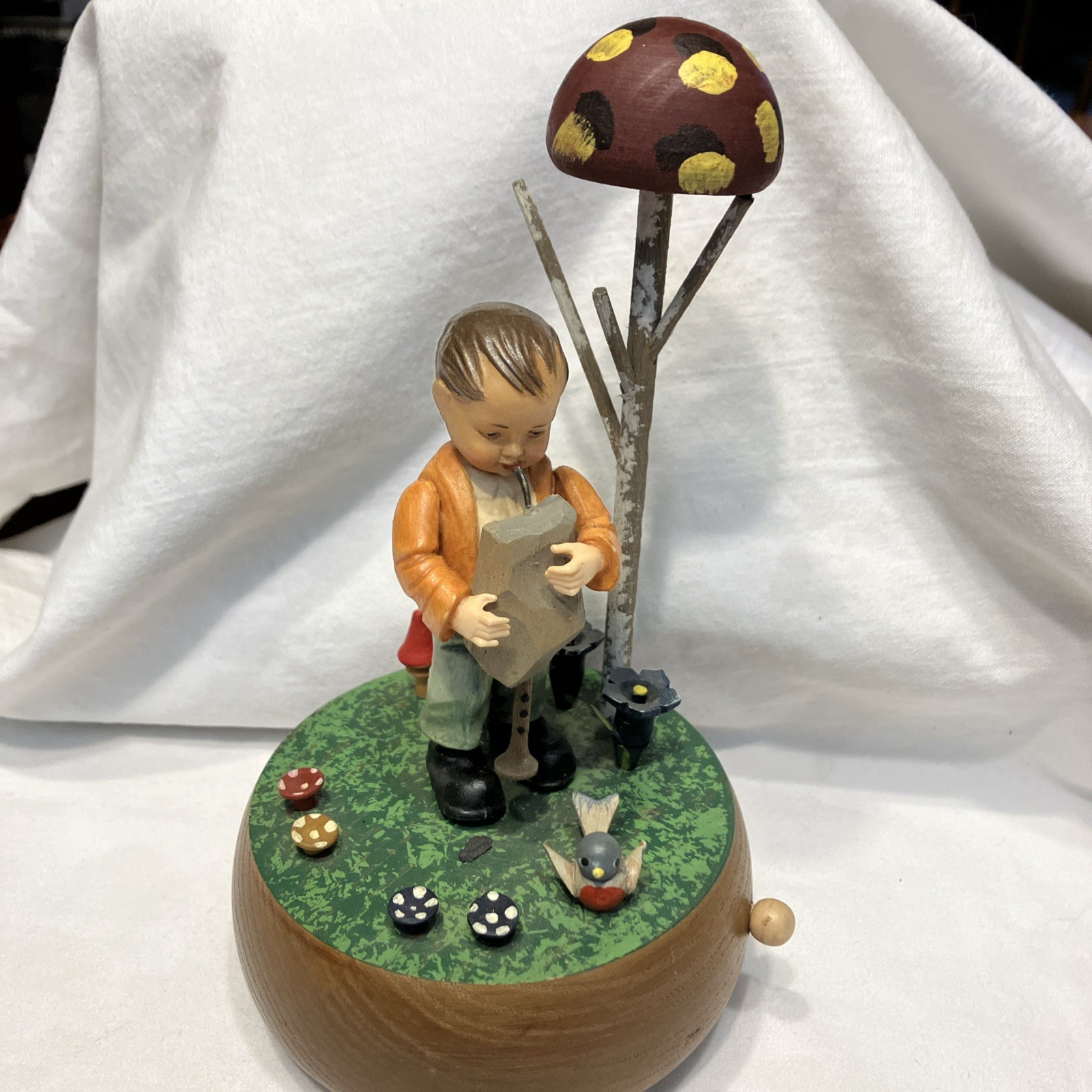 Vintage Anri Italian Hand Carved Wooden Music Box Boy w/ Bagpipes (non Working)