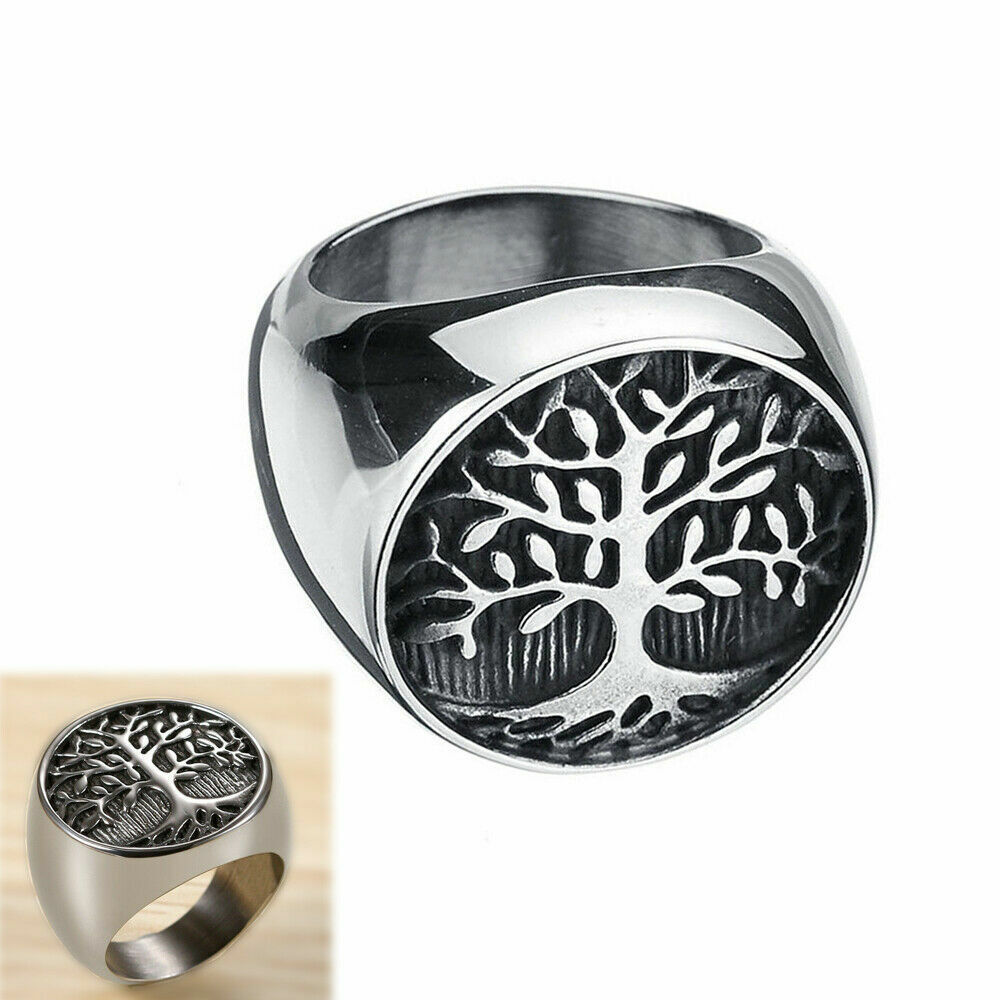 FOR Men Vintage Charm Black Silver Stainless Steel Tree Band Ring SIZE8